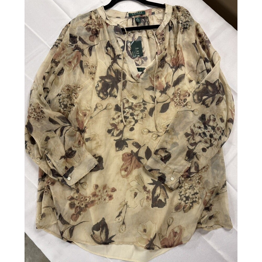 LRL Lauren Ralph Lauren Tan Sheer Georgette Floral Split Neck Tunic Top 3X